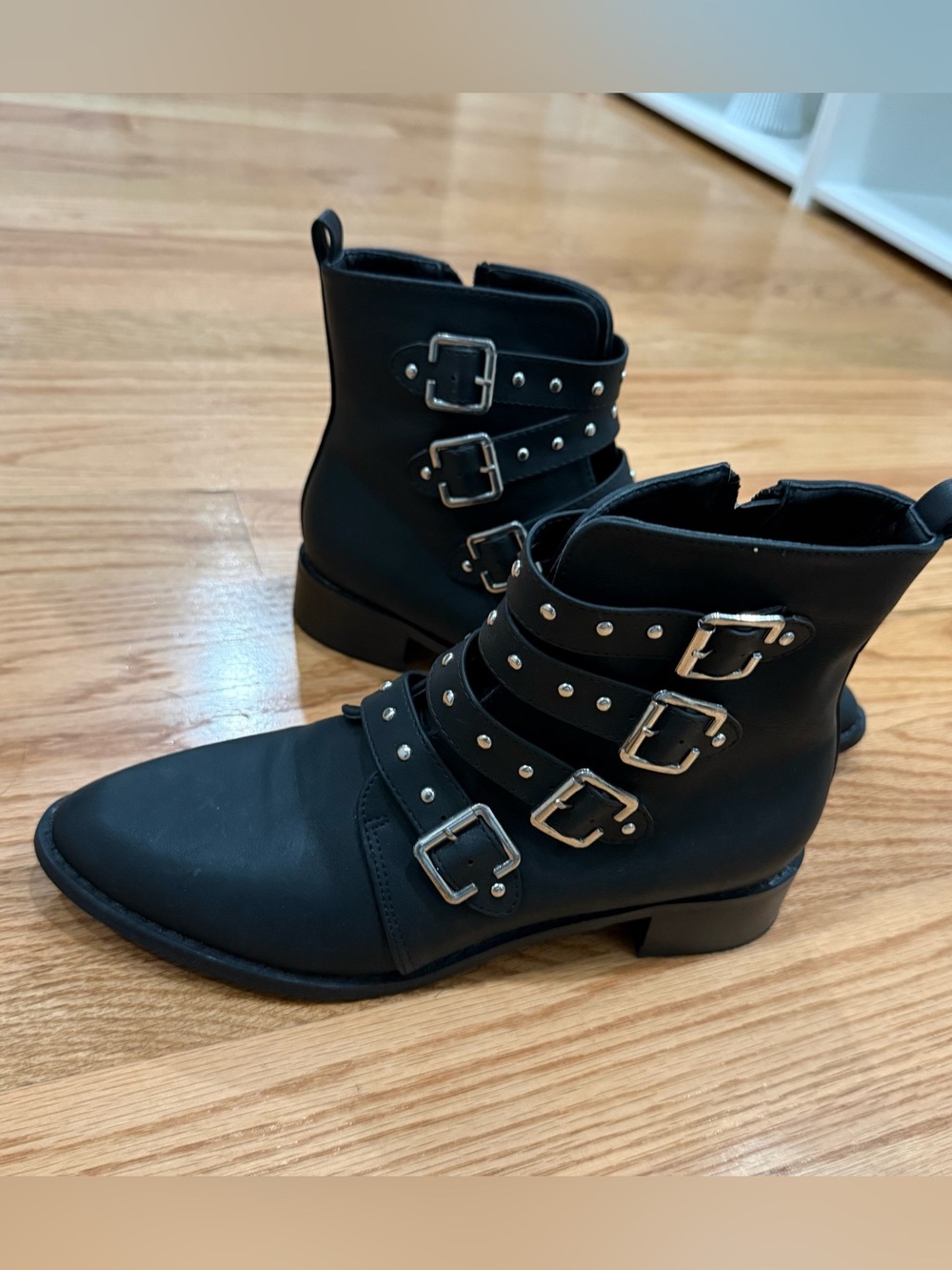Black Studded Buckle Ankle Boots - Women's